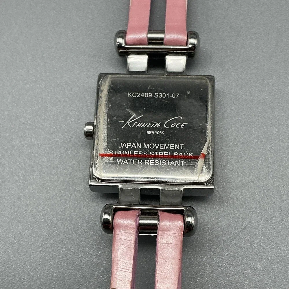 Kenneth Cole Womens Watch 20mm Silver Dial Pink Leather Square New Battery